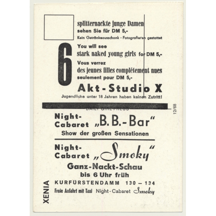 Nude Showgirl Xenia / Pin-Up Akt-Studio X (Vintage PC Berlin 1960s)