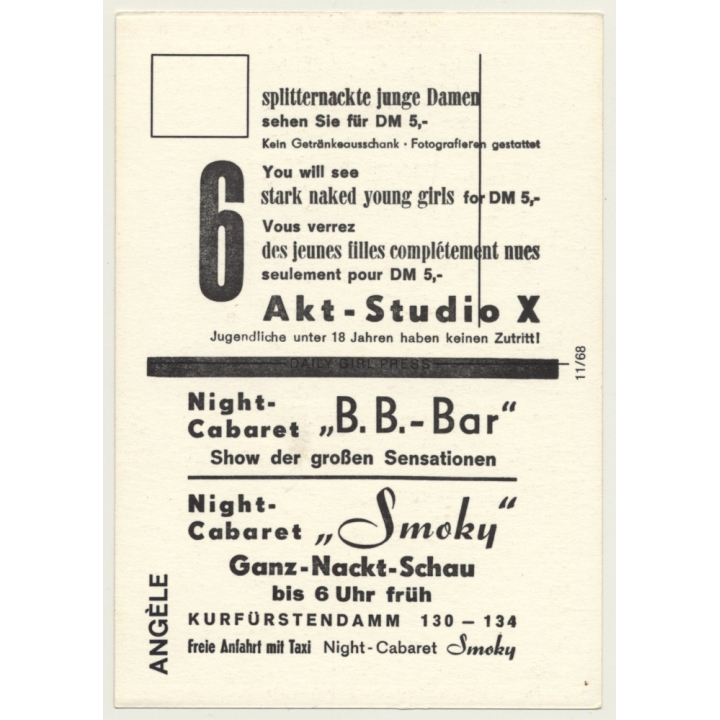 Nude Showgirl Angèle / Pin-Up Akt-Studio X (Vintage PC Berlin 1960s)