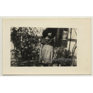 Beautiful Shot Of Young Girl In Garden / Hat (Vintage RPPC 1923)