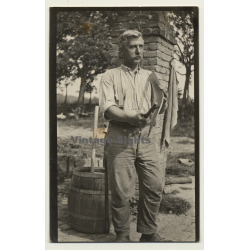Belgian Farmer Grinds Scythe *2 / Wooden Barrel (Vintage Photo ~1930s/1940s)