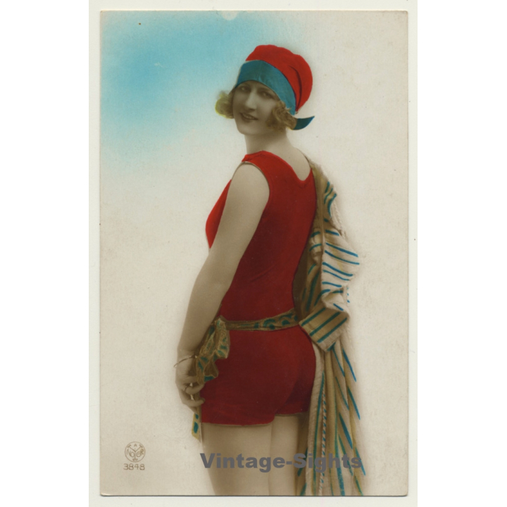 A. Noyer: Pretty Blonde Woman In Swimsuit / Boudoir - Risqué (Vintage Hand Tinted RPPC ~1920s/1930s)