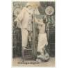 White Clown & Semi Nude Female / Boudoir - Risqué (Vintage PC ~1900s)