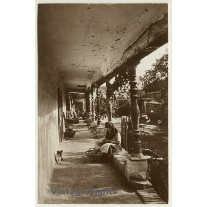 Hungary: Porch Of A Peasant House / Old Woman (Vintage RPPC ~1920s)