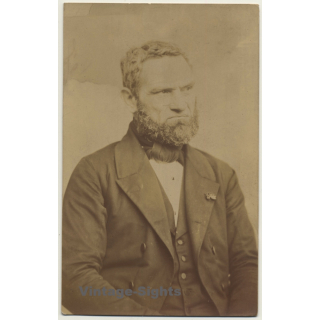 Grim Belgian Man With Abraham Lincoln Style Bear (Vintage RPPC ~1910s/1920s)