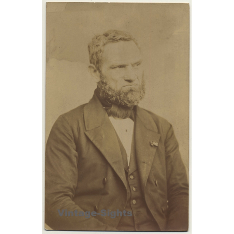 Grim Belgian Man With Abraham Lincoln Style Bear (Vintage RPPC ~1910s/1920s)