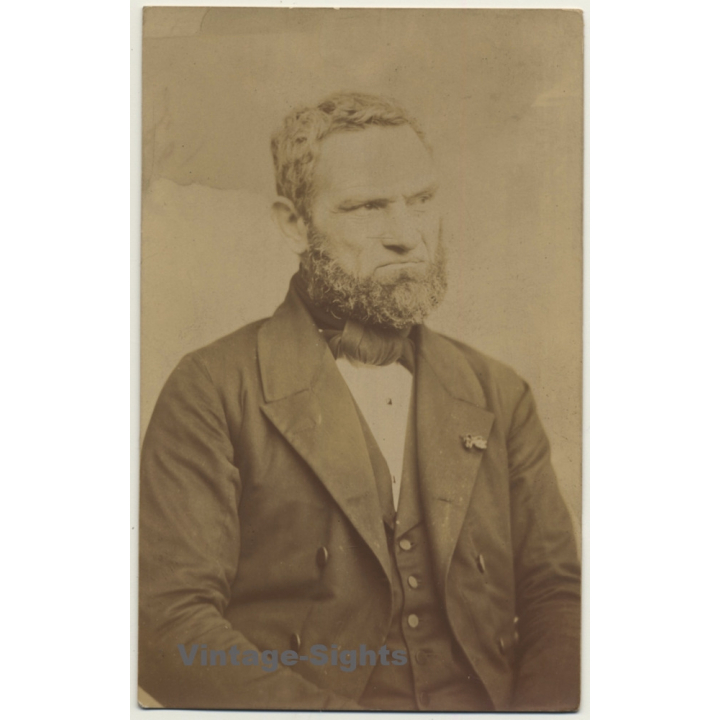 Grim Belgian Man With Abraham Lincoln Style Bear (Vintage RPPC ~1910s/1920s)