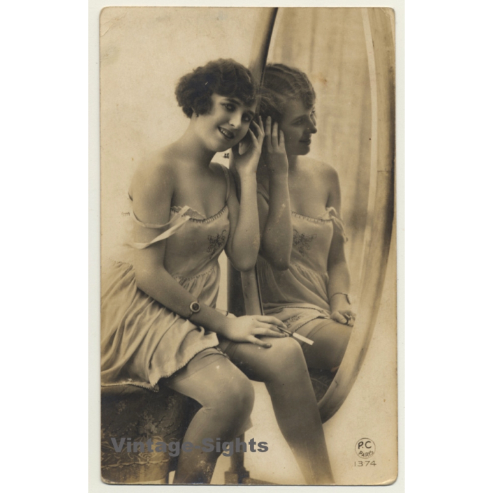 P.C. Paris 1374: Pretty French In Lingerie / Cigarette - Boudoir - Risqué (Vintage RPPC ~1910s/1920s)