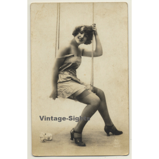 P.C. Paris 1467: Pretty French On Swing / Boudoir - Risqué (Vintage RPPC ~1910s/1920s)