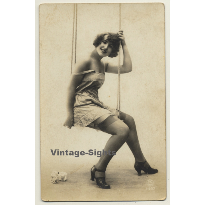 P.C. Paris 1467: Pretty French On Swing / Boudoir - Risqué (Vintage RPPC ~1910s/1920s)
