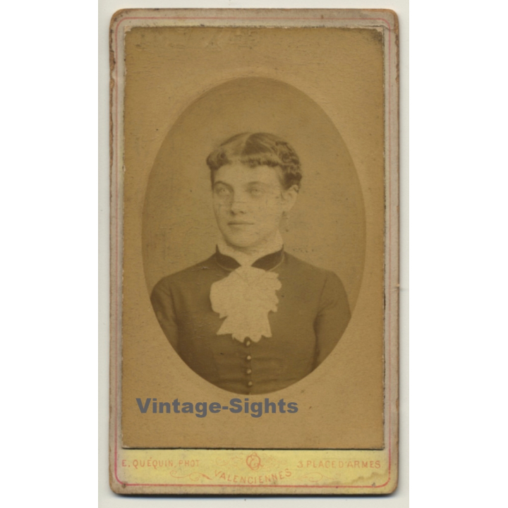 E. Quequin / Mons: Young Woman - Victorian Dress (Vintage Carte De Visite / CDV ~1880s/1890s)