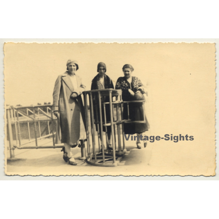 3 Elegant Belgian Ladies At Waterfront (Vintage RPPC ~1920s)
