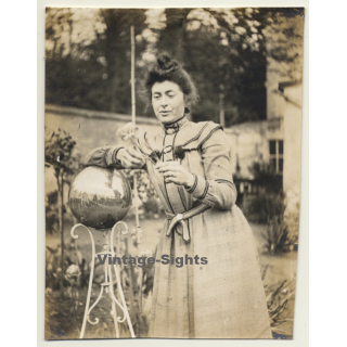 Lady In Victorian Dress Leans On Garden Sculpture (Vintage Photo ~1900s/1910s)