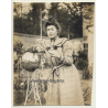 Lady In Victorian Dress Leans On Garden Sculpture (Vintage Photo ~1900s/1910s)