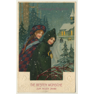 New Year Greetings: Kids In Snow (Vintage PC Germany 1912)