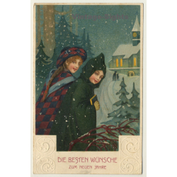 New Year Greetings: Kids In Snow (Vintage PC Germany 1912)