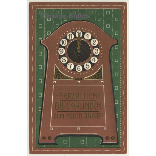 New Year Greetings: Grandfather Clock (Vintage PC Germany 1909)