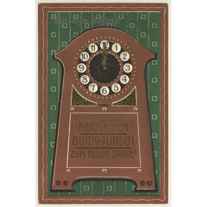 New Year Greetings: Grandfather Clock (Vintage PC Germany 1909)