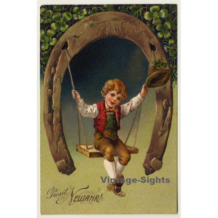 New Year Greetings: Boy On Horseshoe Swing (Vintage PC Germany 1906)
