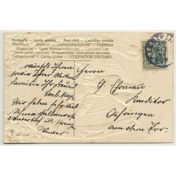 New Year Greetings: Boy On Horseshoe Swing (Vintage PC Germany 1906)