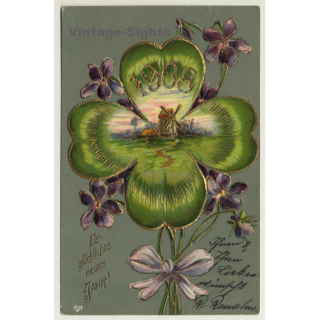 New Year Greetings: Windmill - Flowers (Vintage PC Germany 1908)