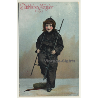 New Year Greetings: Sweet Girl Chimney Sweeper - Ladder (Vintage PC Germany 1912)