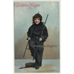 New Year Greetings: Sweet Girl Chimney Sweeper - Ladder (Vintage PC Germany 1912)