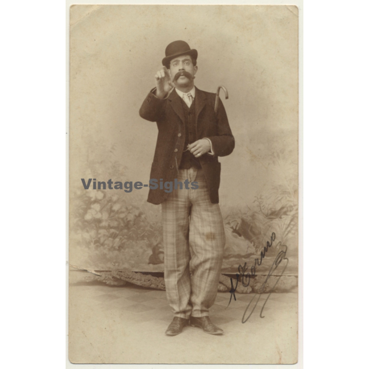 Portrait Of Spanish Dandy / Bowler & Big Moustache (Vintage RPPC  ~1900s)