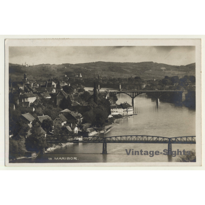 Maribor / Slovenia: Town View - River Drava & Bridges (Vintage RPPC 1939)