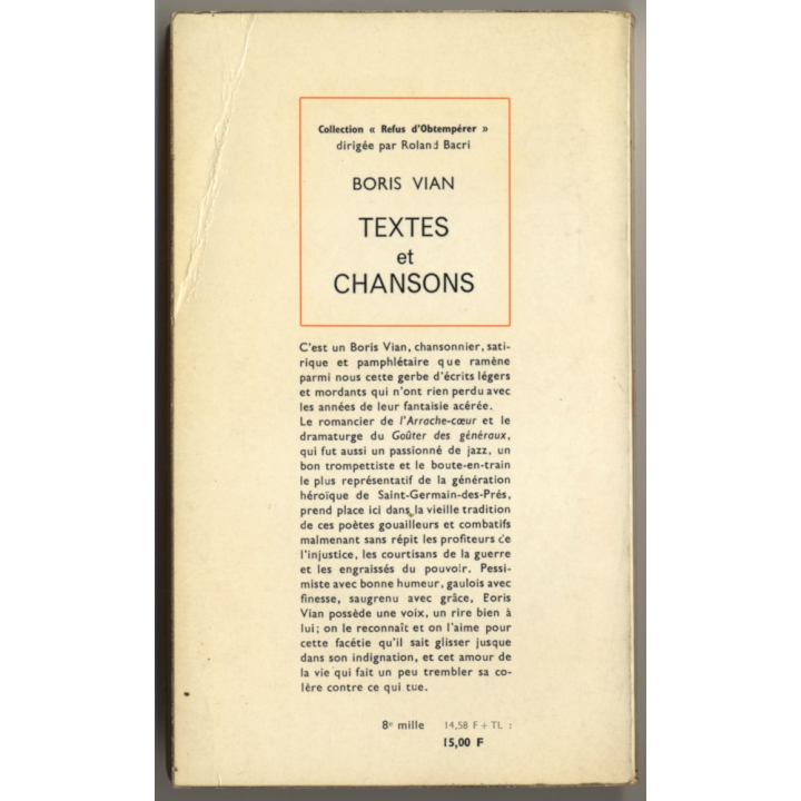 Boris Vian - Textes Et Chansons (Vintage Book Refus D'Obtempérer 1966)