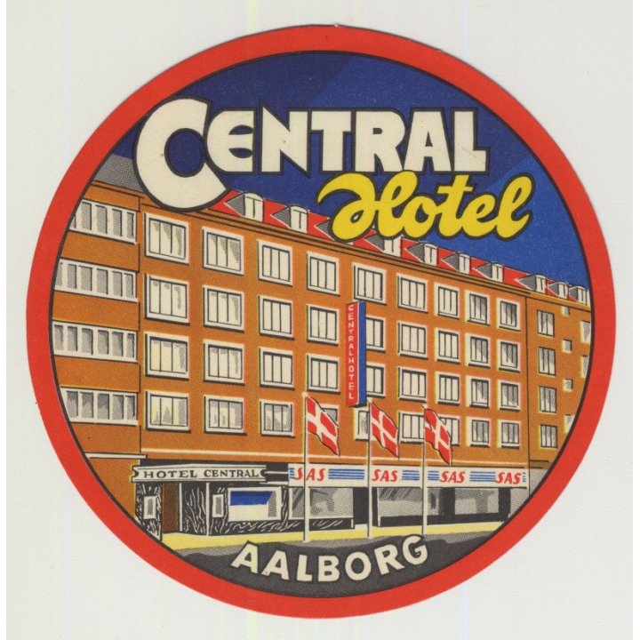 Central Hotel - Aalborg / Denmark - SAS Airline (Vintage Luggage Label)