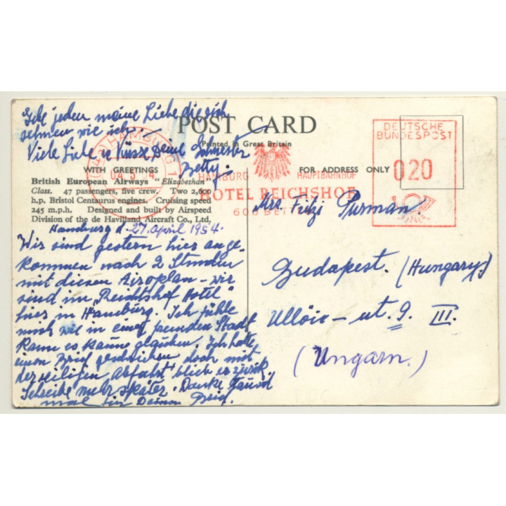 British European Airways: Elizabethan Class Aeroplane / Aviation (Vintage RPPC 1954)
