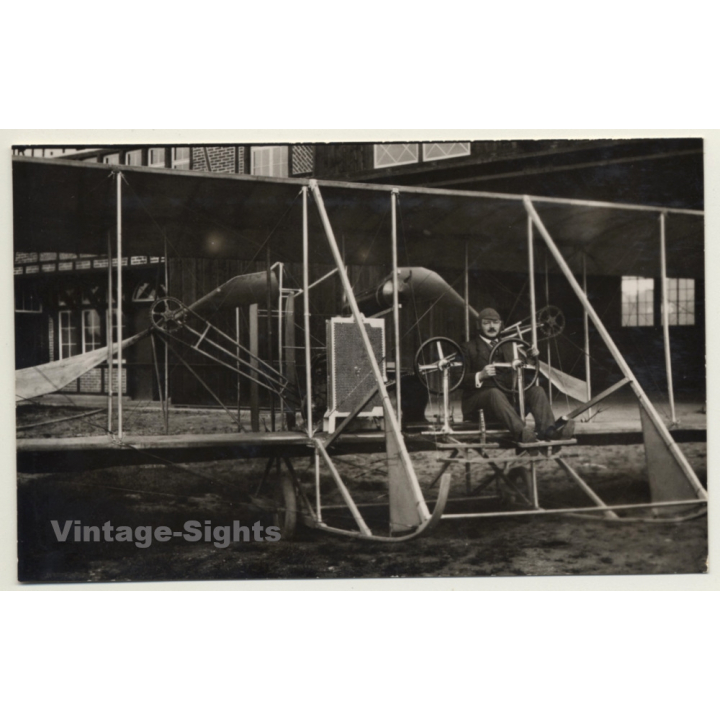 Pilot In Early Aircraft / Fluggerrät (Vintage RPPC ~1910s)