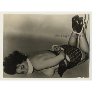 Tied Semi Nude Brunette On Floor / Gag - Eyes - BDSM (Vintage Photo ~1950s)