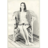 Natural Pretty Brunette Nude In Wicker Chair *9 / Boobs (Vintage Photo Germany ~ 1960s)