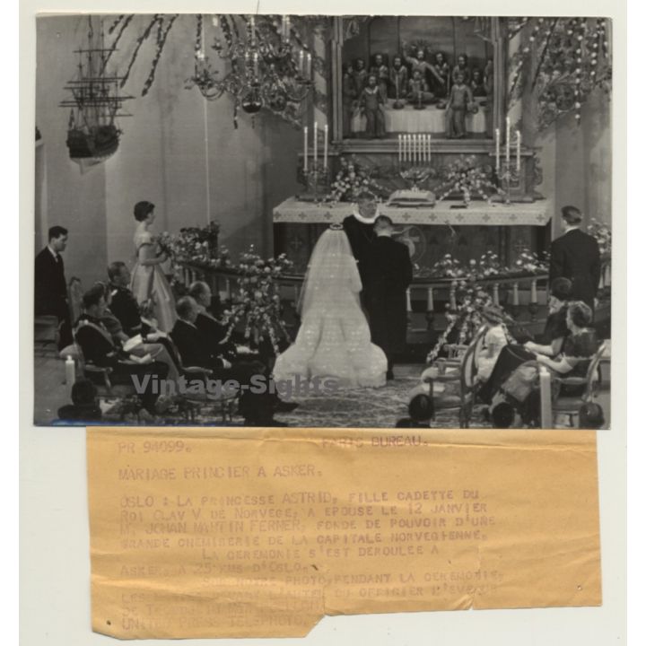 Oslo: Princess Astrid & Johan Martin Ferner / Wedding Ceremony Asker (Vintage Press Photo 1961)