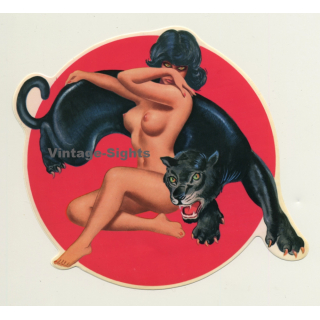 Racy Darkhaired Nude & Black Panther / Pinup - Risqué (Vintage Sticker ~1980s)