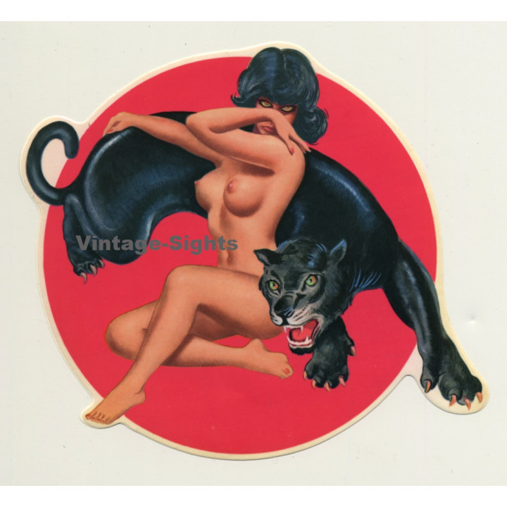 Racy Darkhaired Nude & Black Panther / Pinup - Risqué (Vintage Sticker ~1980s)