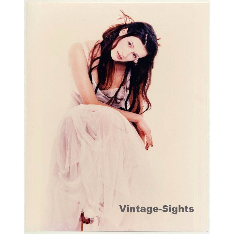 Pretty Brunette Woman In White Dress (Vintage Fashion Photo: Wolfgang Klein 1980s)