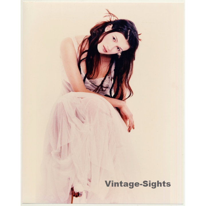 Pretty Brunette Woman In White Dress (Vintage Fashion Photo: Wolfgang Klein 1980s)