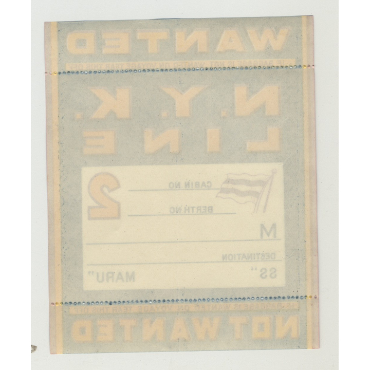 N.Y.K. Shipping Line - Baggage Wanted In Cabin 2nd Class (Vintage Luggage Label) MARU