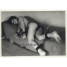 Brunette Semi Nude Maid On Couch / Hand & Leg Cuffs - BDSM (Vintage Photo ~1960s)