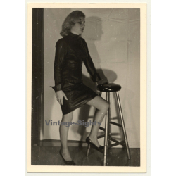 Blonde Woman In Lacquer Fetish Dress *3 / Bar Stool - BDSM (Vintage Photo ~1960s)