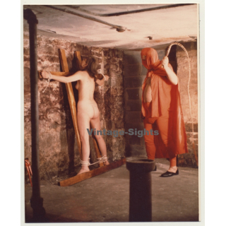 Hooded Master Whips Tied Nude Maid / Dungeon - BDSM (Vintage Photo USA ~1970s)