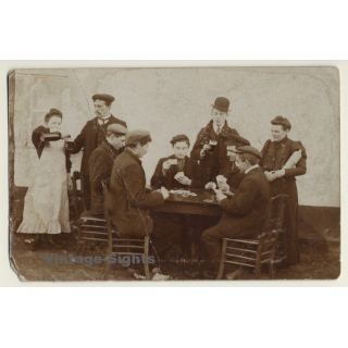 Group Of Belgian Card Players Sit Around Table / Waitress (Vintage RPPC ~1910s)
