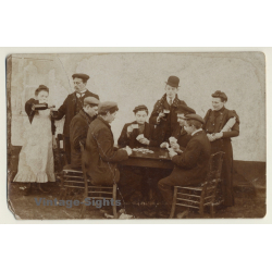 Group Of Belgian Card Players Sit Around Table / Waitress (Vintage RPPC ~1910s)