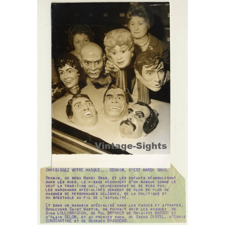 France: Mardi Gras Masks - Bardot, Delon, Distel... / Carnival (Vintage Press Photo 1961)