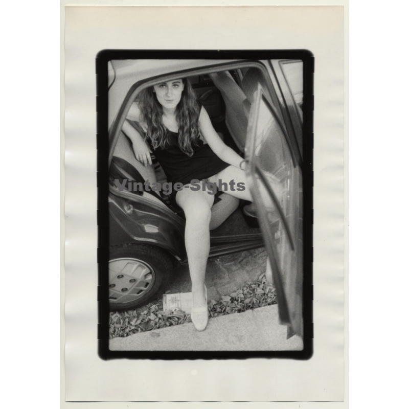 Pretty Longhaired Without Panties Gets Out Off Car / Risqué (Large Vintage Photo 1980s)
