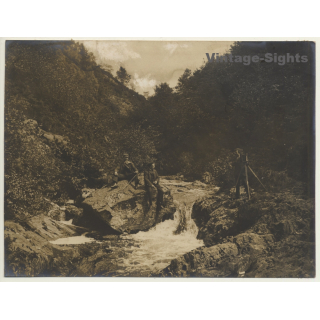 3 Land Surveyors Besides Creek / Mountains - France? (Vintage Photo ~ 1900s/1910s)