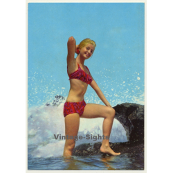 Blonde Pinup Girl In The Surf / Rocks - Swimsuit (Vintage PC C.Y.Z. ~1960s)