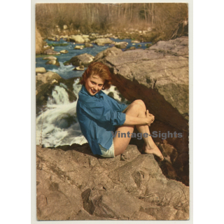 Blonde Pinup Girl On Rocks Near Stream (Vintage PC Ediciones Lux ~1960s)